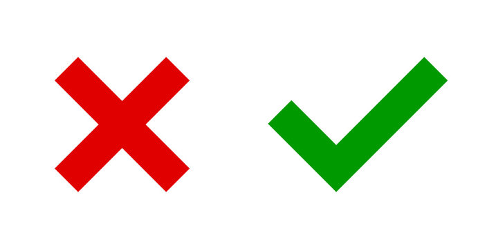 Set of red X and green check mark icons. Cross and tick symbols isolated on white background.