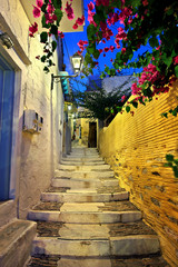 Picturesque alley of Ano Syra, the old medieval settlement of Syros island, Cyclades, Aegean sea, Greece 