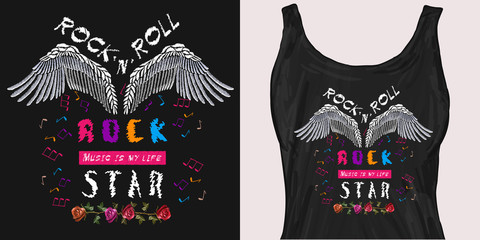 Embroidery guitar and wings, roses, music notes, rock star slogan. Trendy apparel design. Template for fashionable clothes, modern print for t-shirts, apparel art