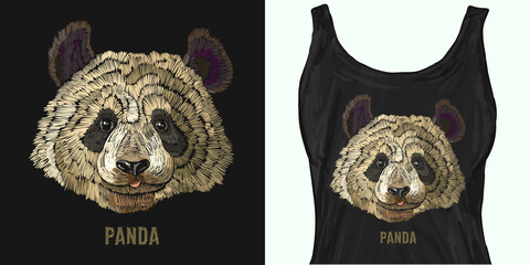 Embroidery portrait of funny panda bear. Trendy apparel design. Template for fashionable clothes, modern print for t-shirts, apparel art