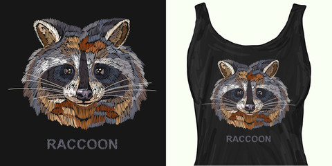 Classical embroidery portrait of funny raccoon. Embroidery. Trendy apparel design. Template for fashionable clothes, modern print for t-shirts, apparel art