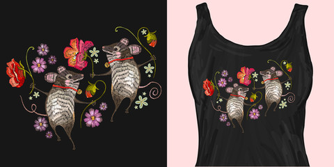 Two cheerful mice are danced in flowers, classical embroidery. Trendy apparel design. Template for fashionable clothes, modern print for t-shirts, apparel art