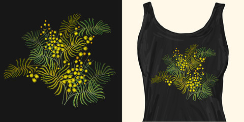 Embroidery bouquet yellow mimosa. Trendy apparel design. Template for fashionable clothes, modern print for t-shirts, apparel art