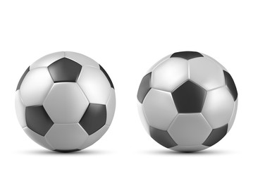 Football or soccer ball isolated on white background, sports accessory, equipment for playing game, championship or tournament competition, design element. Realistic 3d vector illustration, clip art