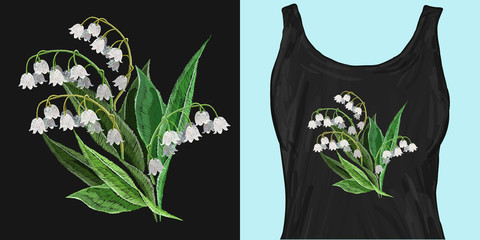 Snowdrops flowers. Embroidery spring flowers. Trendy apparel design. Template for fashionable clothes, modern print for t-shirts, apparel art