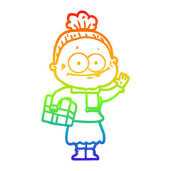 rainbow gradient line drawing cartoon happy old woman