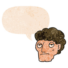 cartoon bored man and speech bubble in retro textured style