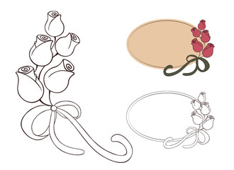 Oval frame with outline roses, vector illustration