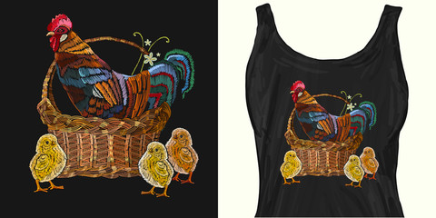 Embroidery rooster and chickens in a basket. Trendy apparel design. Template for fashionable clothes, modern print for t-shirts, apparel art