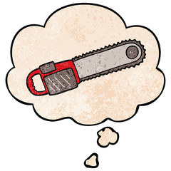 cartoon chainsaw and thought bubble in grunge texture pattern style