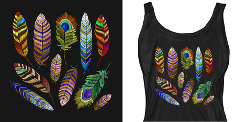 Feathers of tropical birds embroidery. Trendy apparel design. Template for fashionable clothes, modern print for t-shirts, apparel art