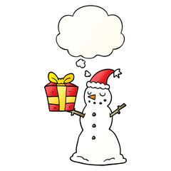cartoon snowman with present and thought bubble in smooth gradient style