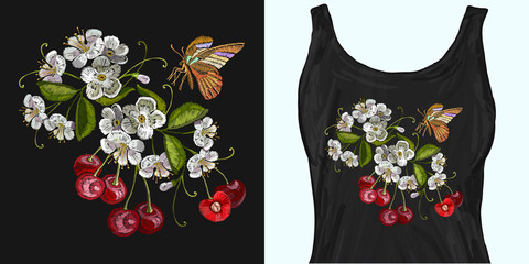 Embroidery cherry blossom tree and cherry fruit berry and butterfly. Trendy apparel design. Template for fashionable clothes, modern print for t-shirts, apparel art
