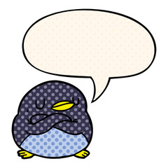 cartoon penguin and crossed arms and speech bubble in comic book style