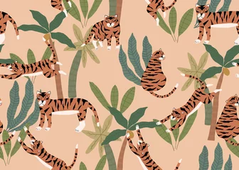  Summer seamless pattern with tigers and palm trees. Vector exotic illustration © natikka