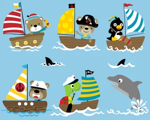 Fotobehang Piraten Vector set van grappige zeeman cartoon op zeilboot met een dolfijn