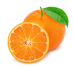 Whole and halved mandarines isolated on white background.