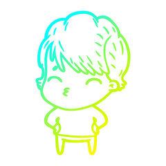 cold gradient line drawing cartoon woman thinking