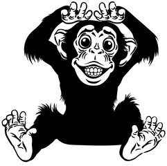 cartoon chimp ape or chimpanzee monkey smiling cheerful with a big smile on face showing teeth. Positive and happy emotion. Sitting pose. Front view. Black and white isolated vector illustration