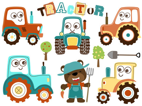 Vector set of tractor cartoon with funny farmer