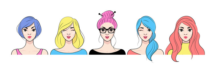 Set of cute fashion girls with different hairstyles. Vector illustration in cartoon style