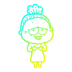 cold gradient line drawing cartoon happy old lady