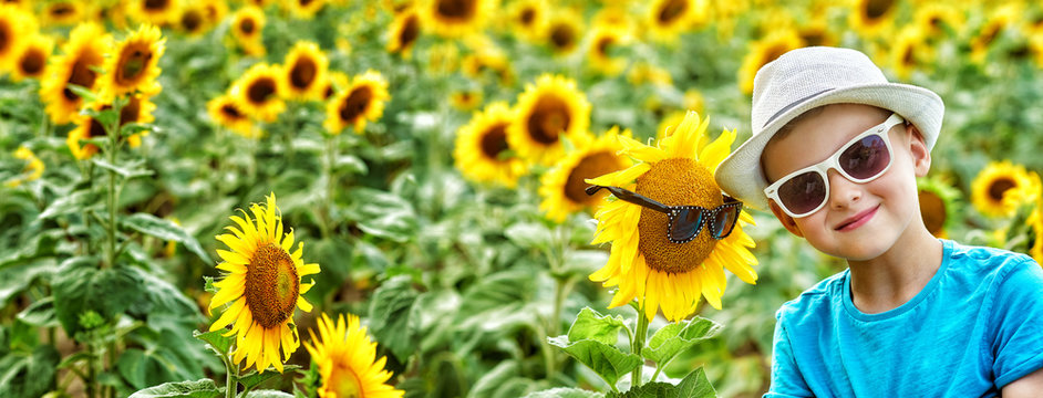 Portrait of a boy in a field with sunflowers . Beautiful boy in sunglasses and hat on a walk in the countryside