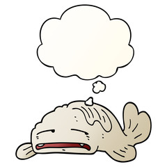 cartoon sad old fish and thought bubble in smooth gradient style