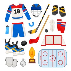 Obraz na płótnie Canvas Vector set of equipment for hockey. Cartoon illustrations of hockey form, stick, helmet, gate, field.