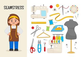 Vector character seamstress. Illustrations of sewing equipment. Set of cartoon professions.