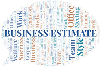 Business Estimate word cloud. Collage made with text only.