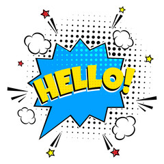 Comic lettering speech bubble for emotion with text HELLO! comic style flat design. Dynamic pop art illustration isolated on white background. Voice exclamation concept.