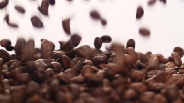 Coffee beans falling pouring  Slow Motion Closeup on White Background