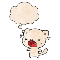 cartoon cat crying and thought bubble in grunge texture pattern style