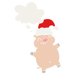 cartoon happy christmas pig and thought bubble in retro style