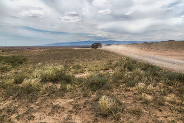 Car on rural road in the desert