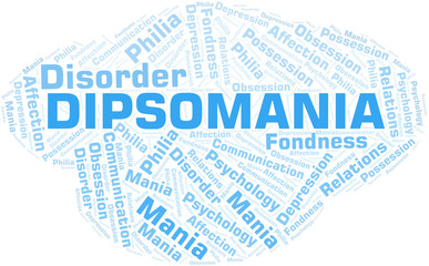 Dipsomania word cloud. Type of mania, made with text only.