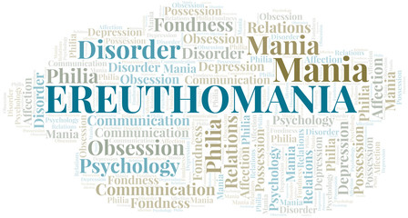 Ereuthomania word cloud. Type of mania, made with text only.