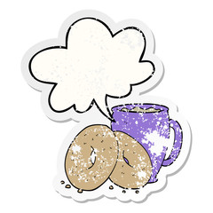 cartoon coffee and donuts and speech bubble distressed sticker