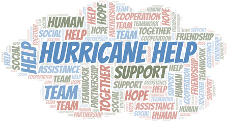 Hurricane Help word cloud. Vector made with text only.