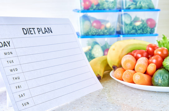A meal plan for a week on a white table among set of plastic containers for food and food. Proper nutrition during the week.