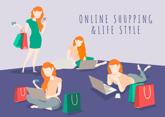 Woman Character life style character shopping online with mobile phone and laptop.shopping online and marketing.