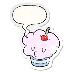 funny cartoon cupcake and speech bubble distressed sticker