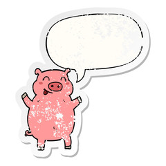 cartoon pig and speech bubble distressed sticker