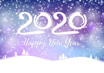 2020 happy new year postcard with falling snow on blue sky, frozen numbers 2020, snowdrifts, flat style design vector illustration on mesh background. Year of the metal rat.