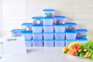 A meal plan for a week on a white table among set of plastic containers for food and food. Proper nutrition during the week.