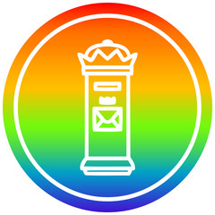 British postbox circular in rainbow spectrum