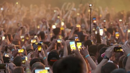 Crowd of fans cheering at open-air music festival
