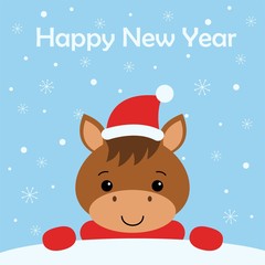 Merry Christmas and Happy New Year card with funny horse. Snow background.