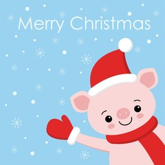 Happy New Year Pig piggy piglet face head. Snow flake falling down. Cute cartoon funny character. Flat design. Blue background. Isolated.